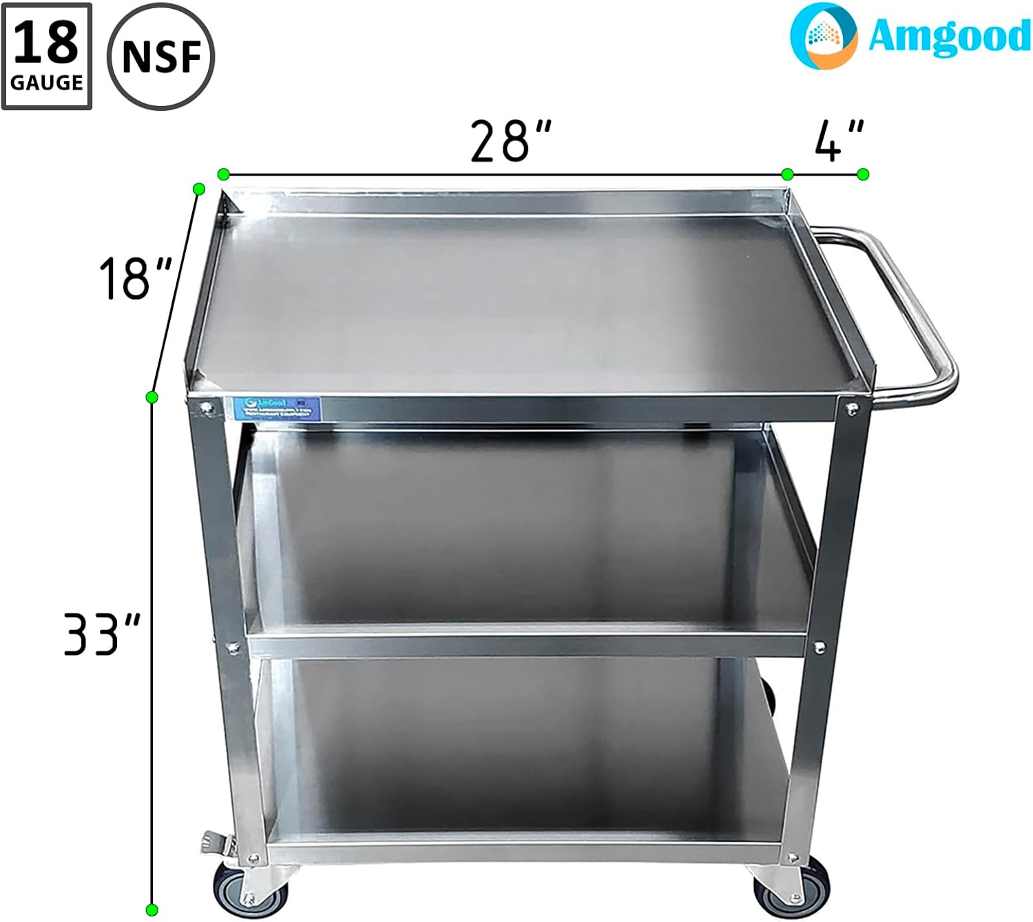 18 in. Wide X 28 in. Long X 33 in High | 3 Shelf Metal Utility Cart on Wheels with Handle