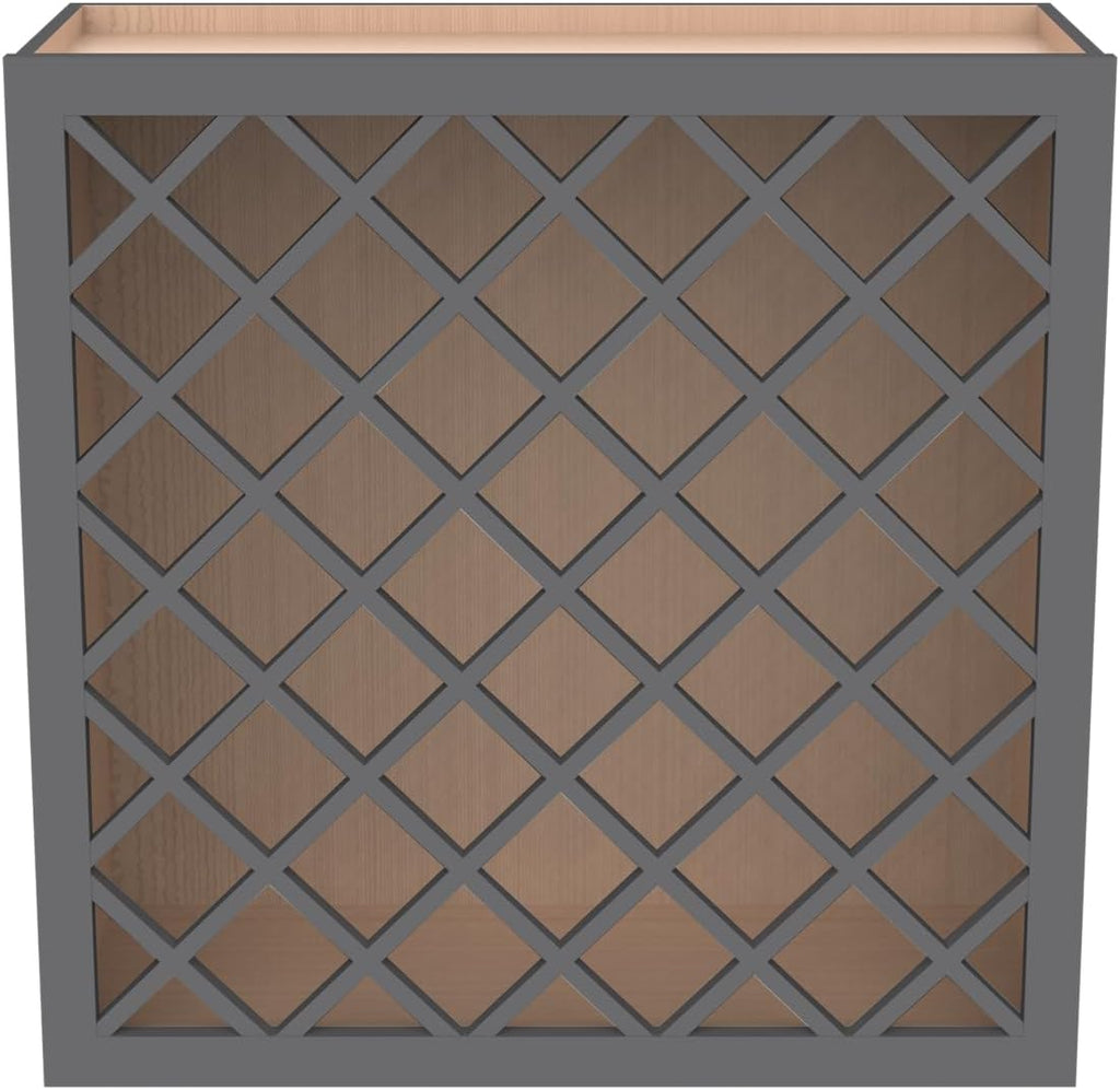 Solid Wood RTA Wine Bottle Rack Wall Cabinet With Lattice Panels - Holder Storage for Bar, Pantry, or Cellar - Mocha Finish Countertop Solution (Pebble Gray, 24"W 12"D 30"H)
