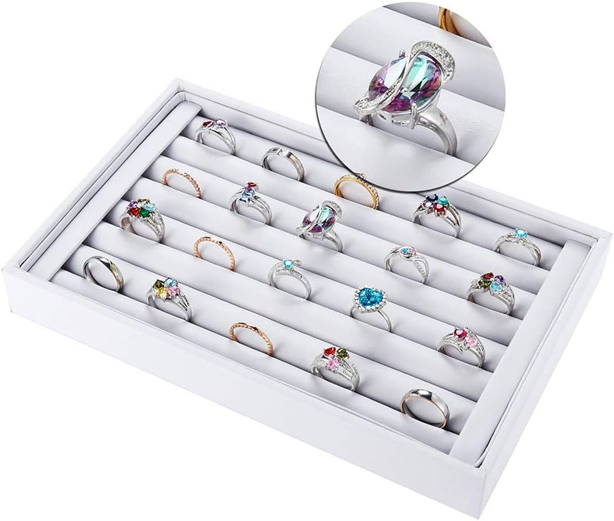 Valyria Velvet 7 Slots Ring Earrings Trays Showcase Display Jewelry Organizer (White PU Leather)