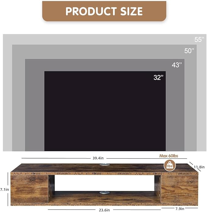 GHC Floating TV Stand, Wall Mounted Entertainment Center and Cabinet Shelf, TV Console with Storage, Media Console for DVD Player, Space-Saving Under TV Shelf for Bedroom (Rustic Brown)