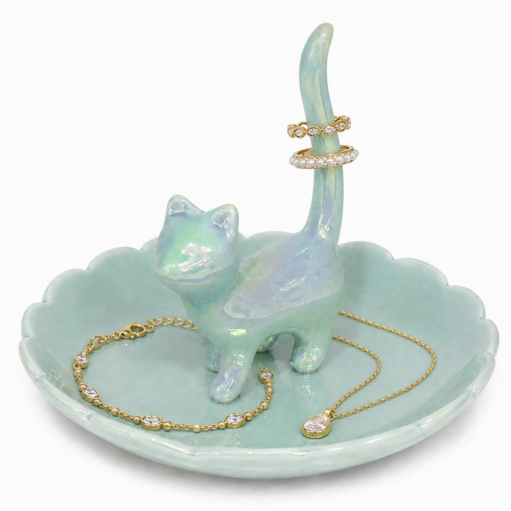 Cat Ring Holder Jewelry Dish–Ceramic Trinket Tray for Rings,Earrings,Necklaces & Bracelets,Cute Cat Jewelry Organizer for Vanity,Nightstand,Dresser,Birthday Gift for Women,Girls Cat Lovers