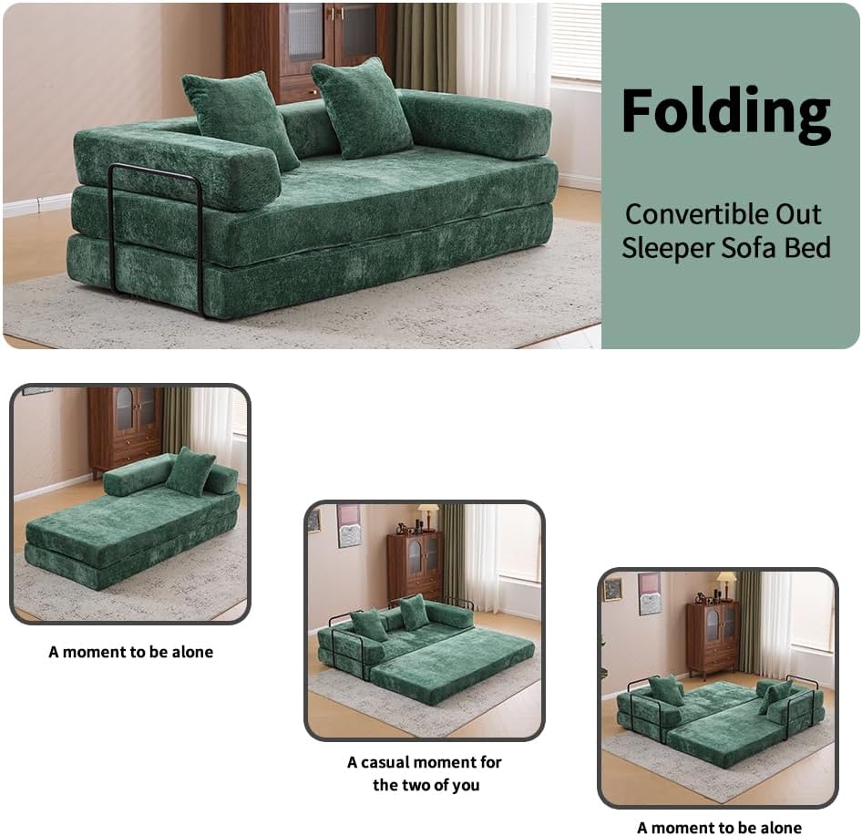ZEIINPA Convertible Floor Sofa Bed with Fixed-Shape Frame, Modular Chenille Folding Mattress Couch with Armrest, Floor Sofa Lounge Couch for Living Room Bedroom Lounge Studio, Dark Green