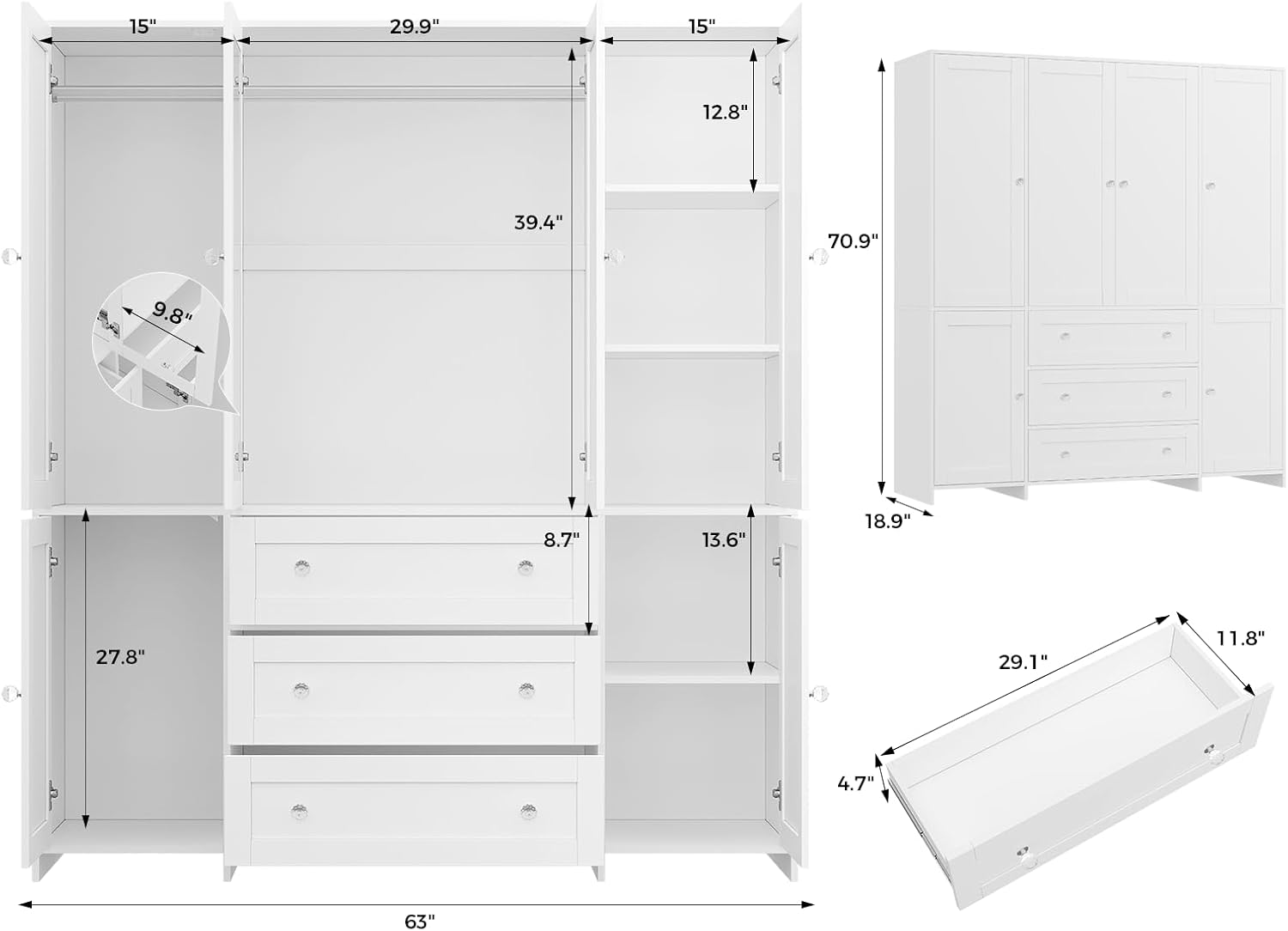 VOWNER 71" Armoire Wardrobe Closet with Drawers and Mirror, 6 Doors | Clothing Storage Cabinet with Hanging Rod, Wardrobe Cabinet for Bedroom, Large Capacity Storage