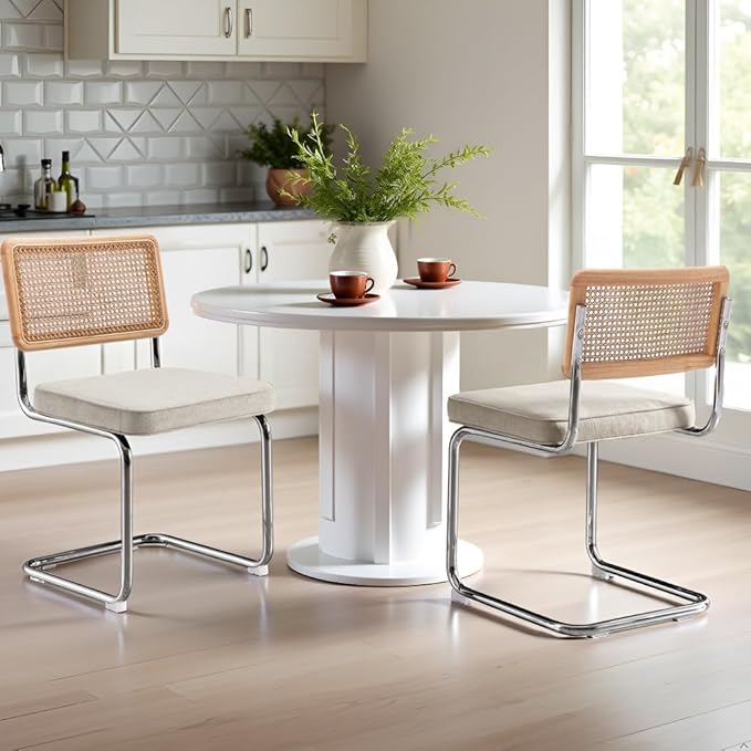 Zesthouse Natural Rattan Dining Chairs Set of 2, Mid Century Modern Dining Chairs with Solid Wood Back & Chrome Base, for Kitchen Living Room, Breuer Design Inspired, Upholstered Linen Fabric, Beige