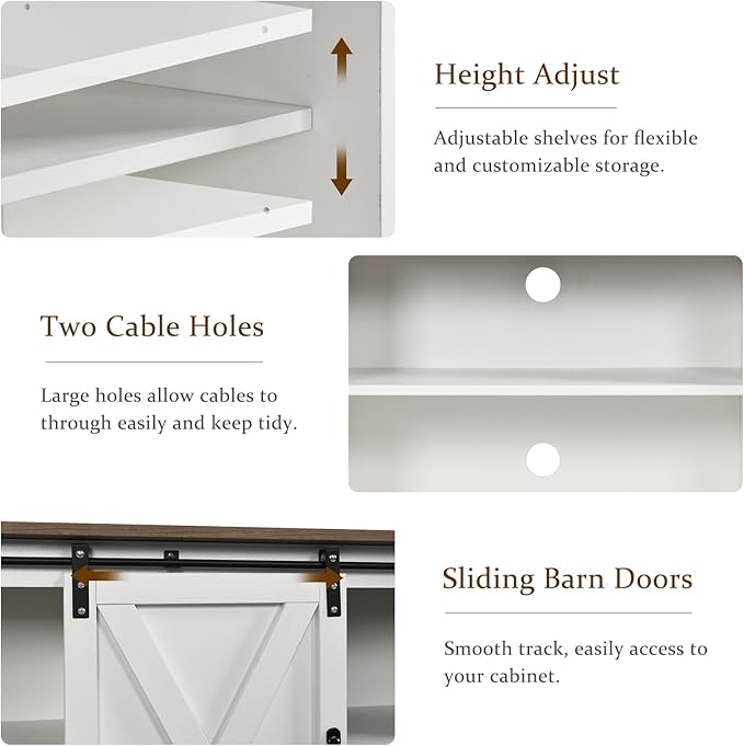 4 EVER WINNER TV Stand for 65 Inch TV for Living Room, Modern Farmhouse Barn Door TV Stand with Storage Cabinets and Adjustable Shelves for Bedroom, Media Entertainment Center TV Console Table, White
