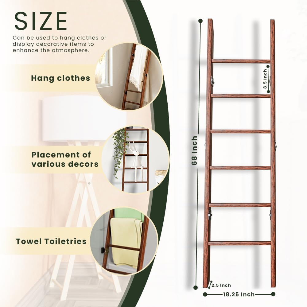 Wooden Blanket Ladder for Living Room 6-Tier, Decorative Ladder Blanket Rack & Quilt Ladder Decor, Rustic Farmhouse Wood Ladder, Anti-Slip Sturdy Blanket Holder, 68 Inch Tall, Rustic Brown