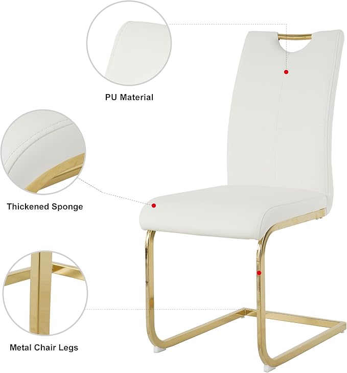 Goujxcy Dining Chairs Set of 2, Modern High Back Kitchen Chairs with Metal Legs and Faux Leather Padded Seat Upholstered Dining Chairs for Dining & Kitchen,Living Room (White&Gold, Set of 2)