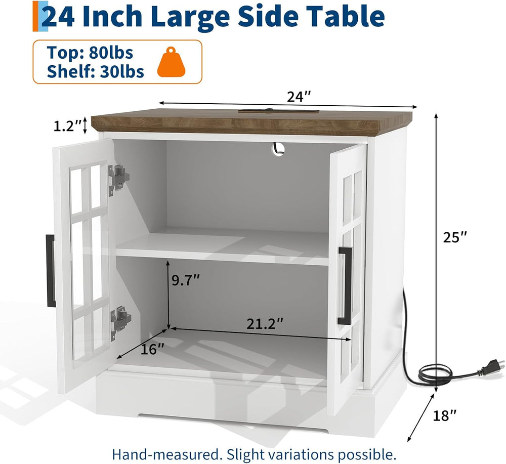 24" Farmhouse Nightstand with Charging Station, End Table with Tempered ...