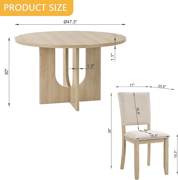 KEIKI 5-Piece Standard Height Dining Table Set with Round Table and 4 Upholst...