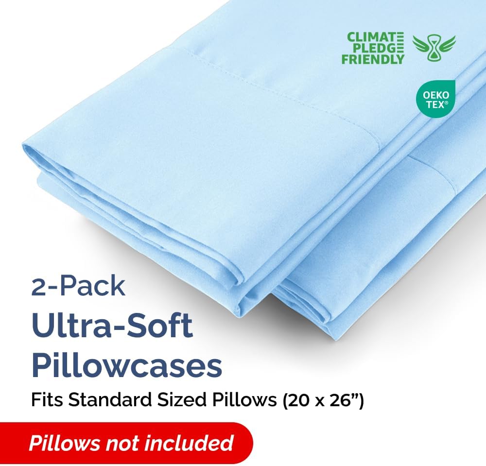 Standard Pillow Cases - 2 Pack - Super Soft Pillowcase Covers - Envelope Enclosure - Hotel Quality Pillow Protectors - Wrinkle Free, Fade & Stain Resistant - Machine Washable - 20" x 26" (Light Blue)