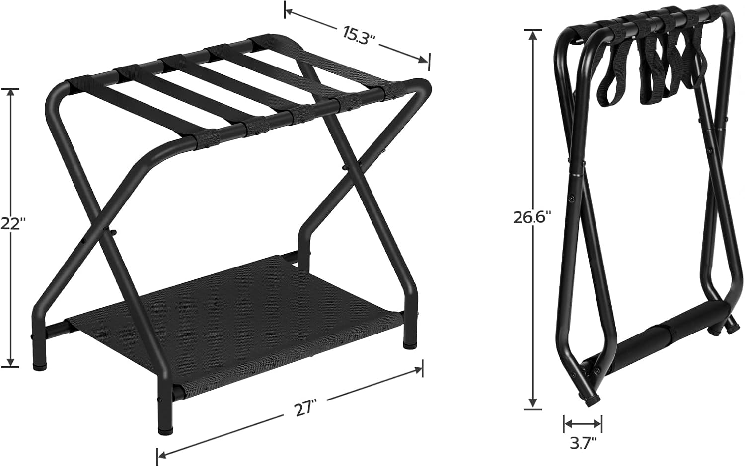 HOOBRO Luggage Rack, Folding Suitcase Stand with Fabric Storage Shelf for Guest Room, Bedroom, Hotel, Holds up to 100 lb, 27 x 15.3 x 22 Inches, Space Saving, Black BK04XL01