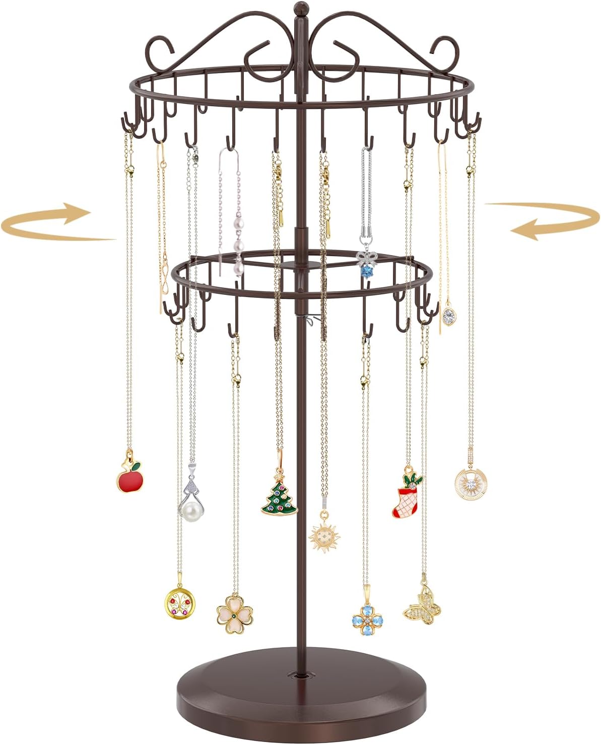 MODOWEY Rotating Necklace Holder Organizer Display Stand with 42 Hooks, 2 Tier Adjustable Metal Tree for Long Necklace Hanger Selling, Tall Spinning Bracelet Storage Rack for Men Women, Espresso Brown