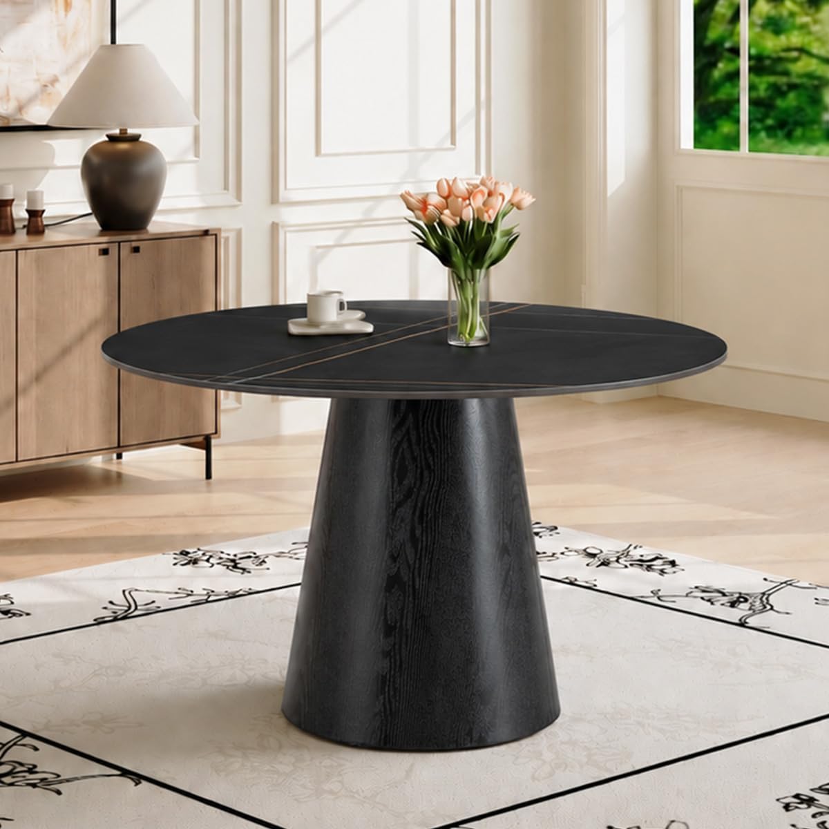 Faux Marble Round Dining Table for 4-6, 42" Modern Round Kitchen Table with Sintered Stone Top and Wood Stable Pedestal for Apartment,Restaurant,Small Space (Black