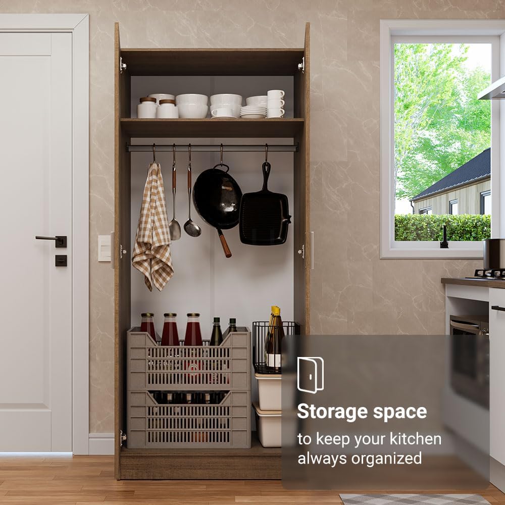 Madesa Kitchen Pantry Storage Cabinet with 2 Doors, Ample Shelf and Hanging S...