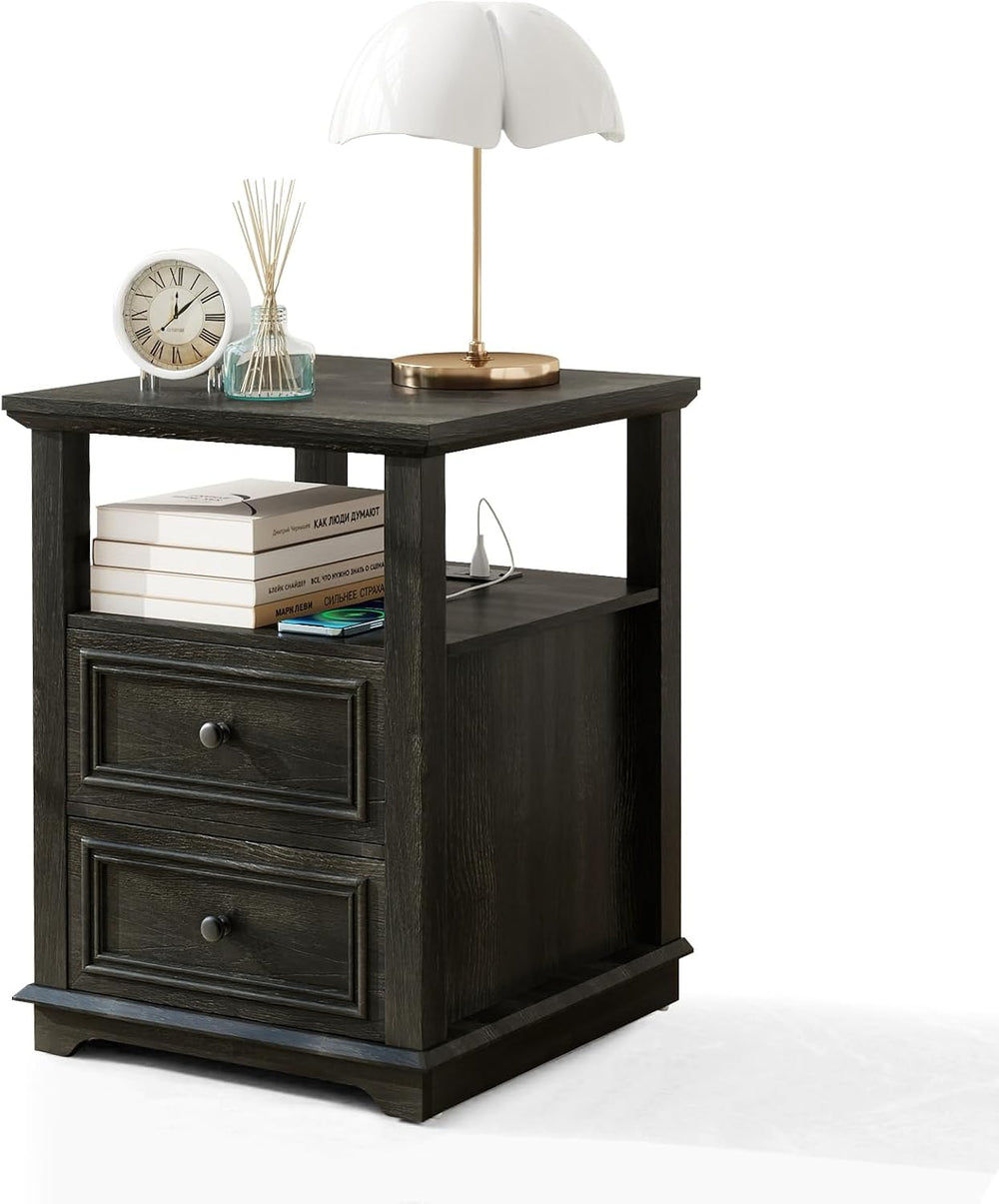 MUUEGM Farmhouse Nightstand 18” Brown End Table with Charging Station Rustic ...