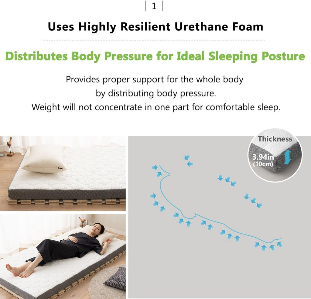 EMOOR Japanese Futon Mattress Roll-Type Relax-2 Twin, High-Resilience Removable & Washable Cover Guest use Tatami Floor Sleeping Space-Saving Minimalist