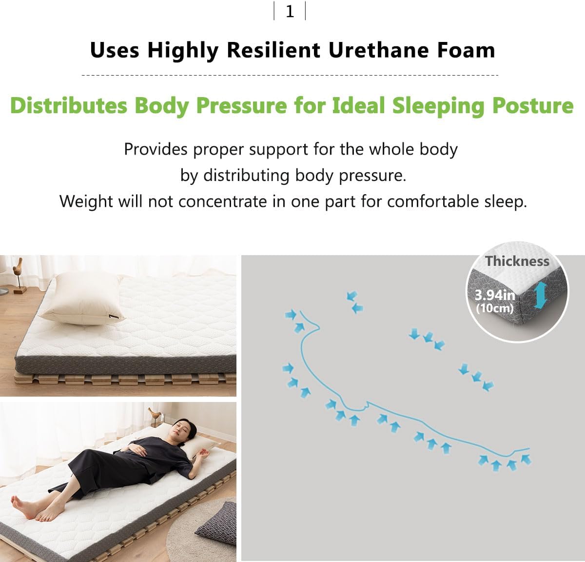 EMOOR Japanese Futon Mattress Roll-Type Relax-2 Twin, High-Resilience Removable & Washable Cover Guest use Tatami Floor Sleeping Space-Saving Minimalist