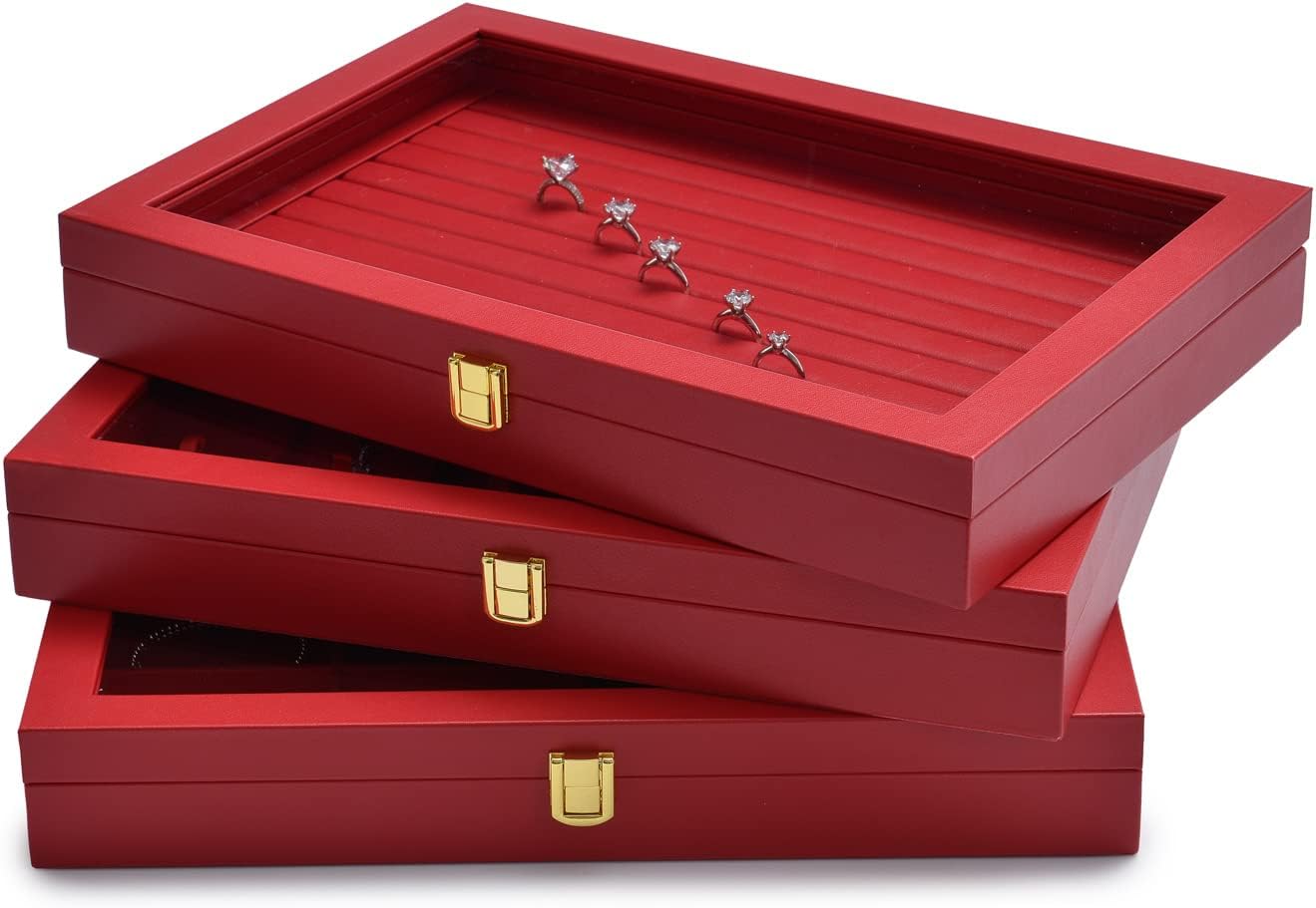 Oirlv Luxury Leather Rings Earrings Organizer Tray with Clear Lid Jewelry Display Box with Acrylic Lid Stackable Jewelry Box Drawer Inserts