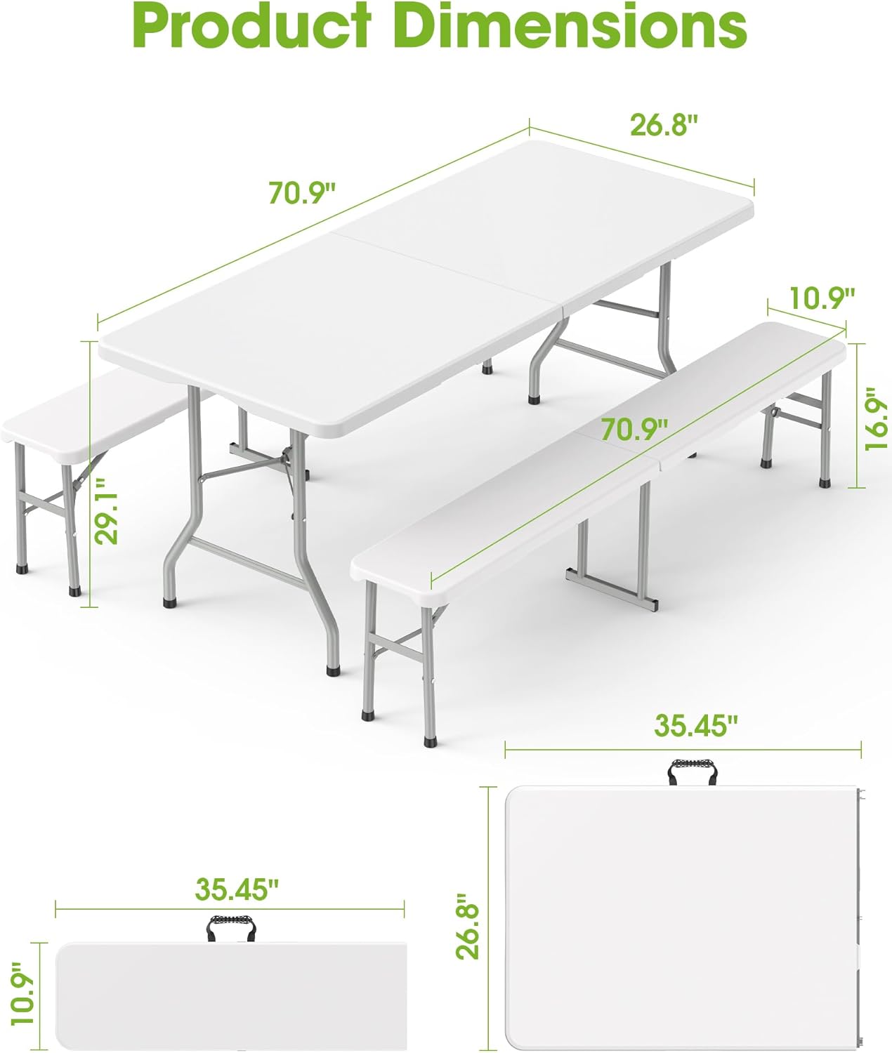 Pureegg Folding Table and Chairs Set - Sturdy 6FT Folding Table with 2 Chairs, No Assembly Required, Portable Camping Table with Carry Handle for Dining, Party, White