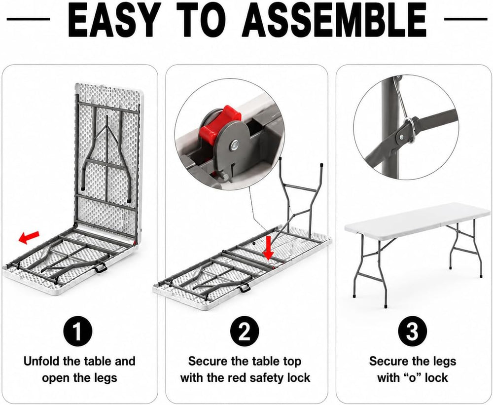 6 Foot Foldable Table with Built in Handle & Steel Legs