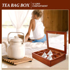 Baluue 12 Compartment Tea Bag Organizer Box with Clear Acrylic Lid Decorative Wood Grain Packet Holder Case Storage Chest Container for Kitchen Countertop Cabinet