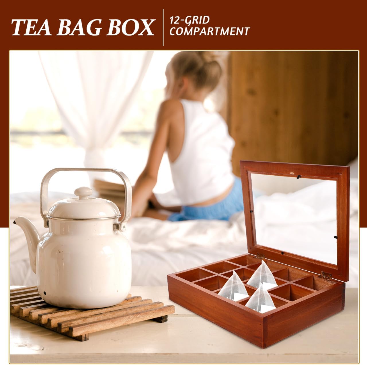 Baluue 12 Compartment Tea Bag Organizer Box with Clear Acrylic Lid Decorative Wood Grain Packet Holder Case Storage Chest Container for Kitchen Countertop Cabinet
