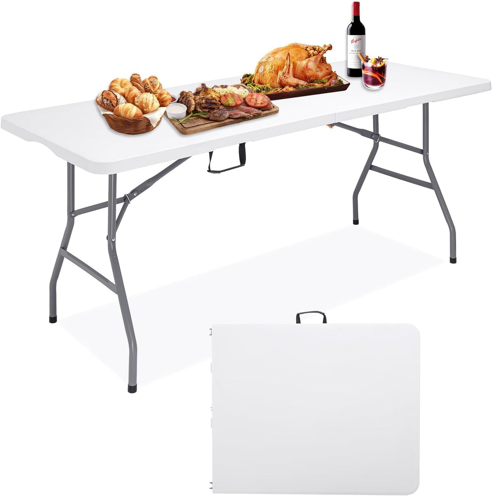 6Ft Folding Table, Heavy Duty Fold-in-Half Portable Plastic White | HDPE port...