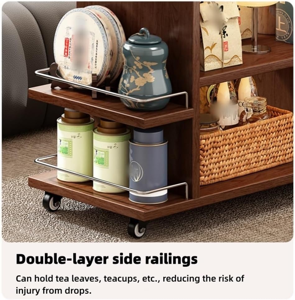 Wooden Side Table with Wheels, Large Capacity Storage End Table, 3 Tier Rolli...