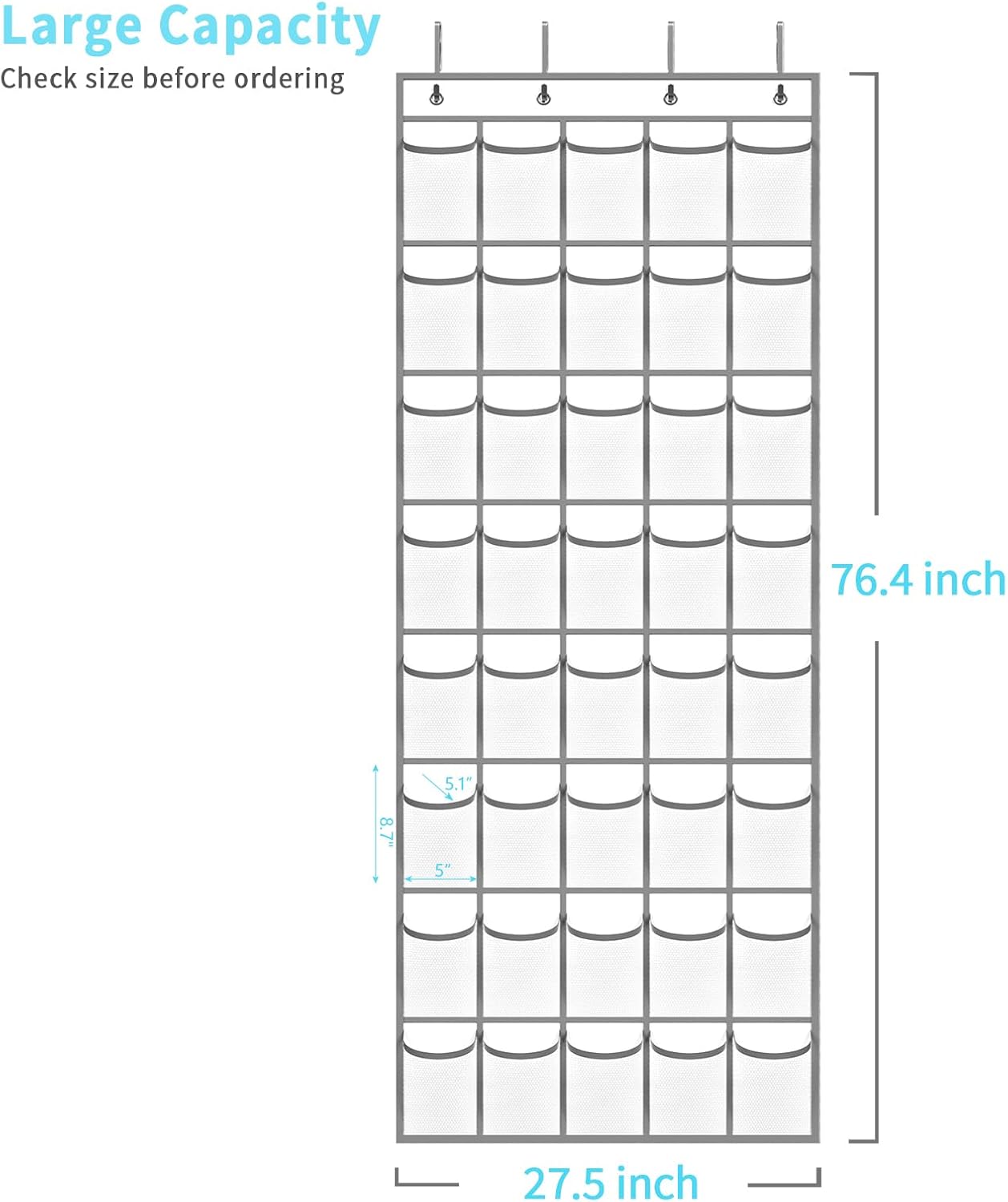 SAVERHO 40 Large Pockets Over the Door Shoe Organizer,Space-Saving Mesh Hanging Shoe Rack for Door Shoe Holder, Large Size 76.4" x 27.5" Ideal for Closet & Door Storage (White, 40 Pockets)
