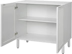 Sango Orre 2-Door Cabinet, Modern White Storage Cabinet with Synthetic Rattan Door Panels, Adjustable Shelf, Cylindrical Wood Legs, Discreet Finger Pulls, Elegant Furniture for Office or Living Room