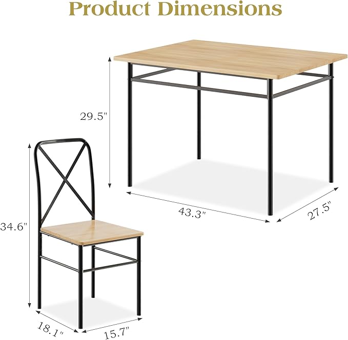 VECELO 5-Piece Kitchen Dining Table Set, Wood Tabletop & Heavy-Duty Metel Frame, Rectangle Dinette with 4 Chairs for Small Space, Breakfast Nook, Natural Black