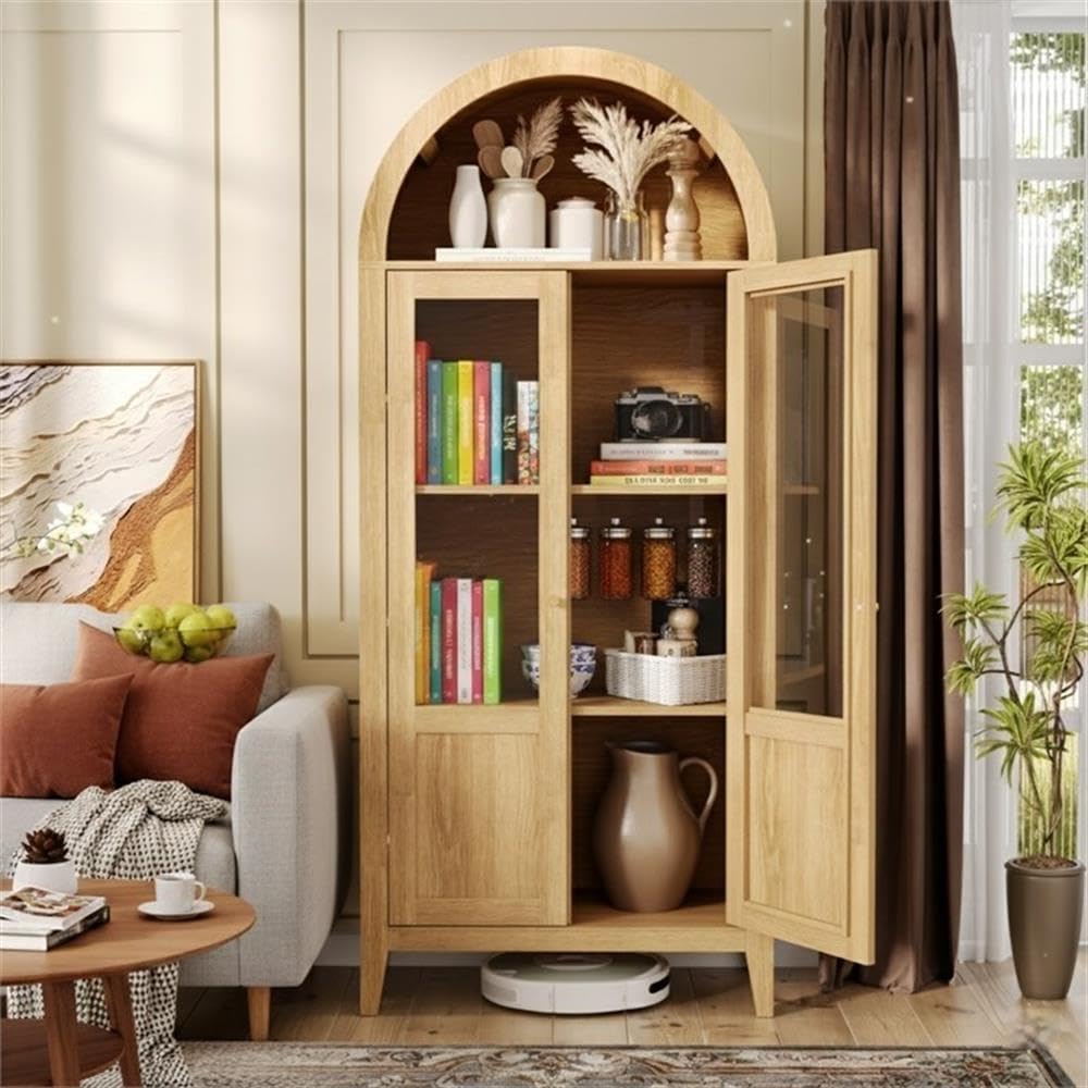 Light Brown Tall Arched Cabinet with Glass Doors Storage Cabinet Engineered W...