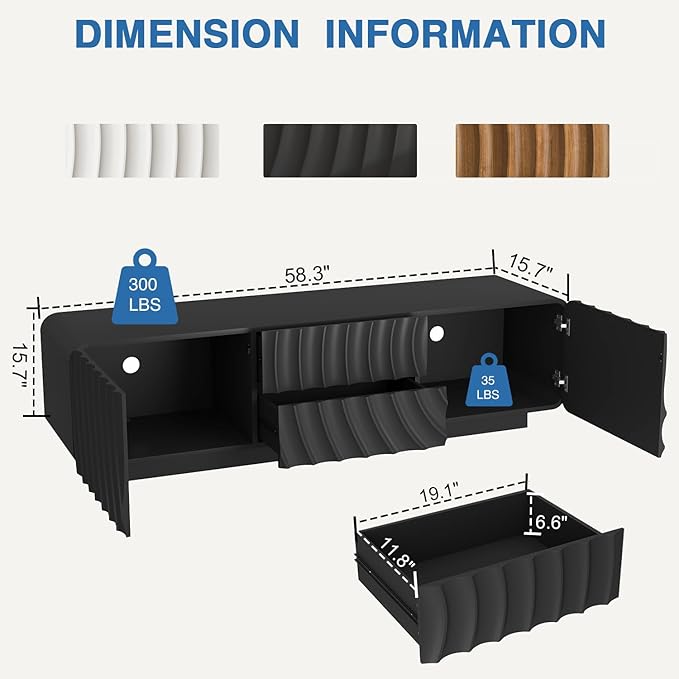 58'' Modern Spiral Wave TV Stand for 65 Inch TV, Media Console with Storage Cabinet & 2 Drawers, Rounded Corner Entertainment Center for Living Room Bedroom (Black)