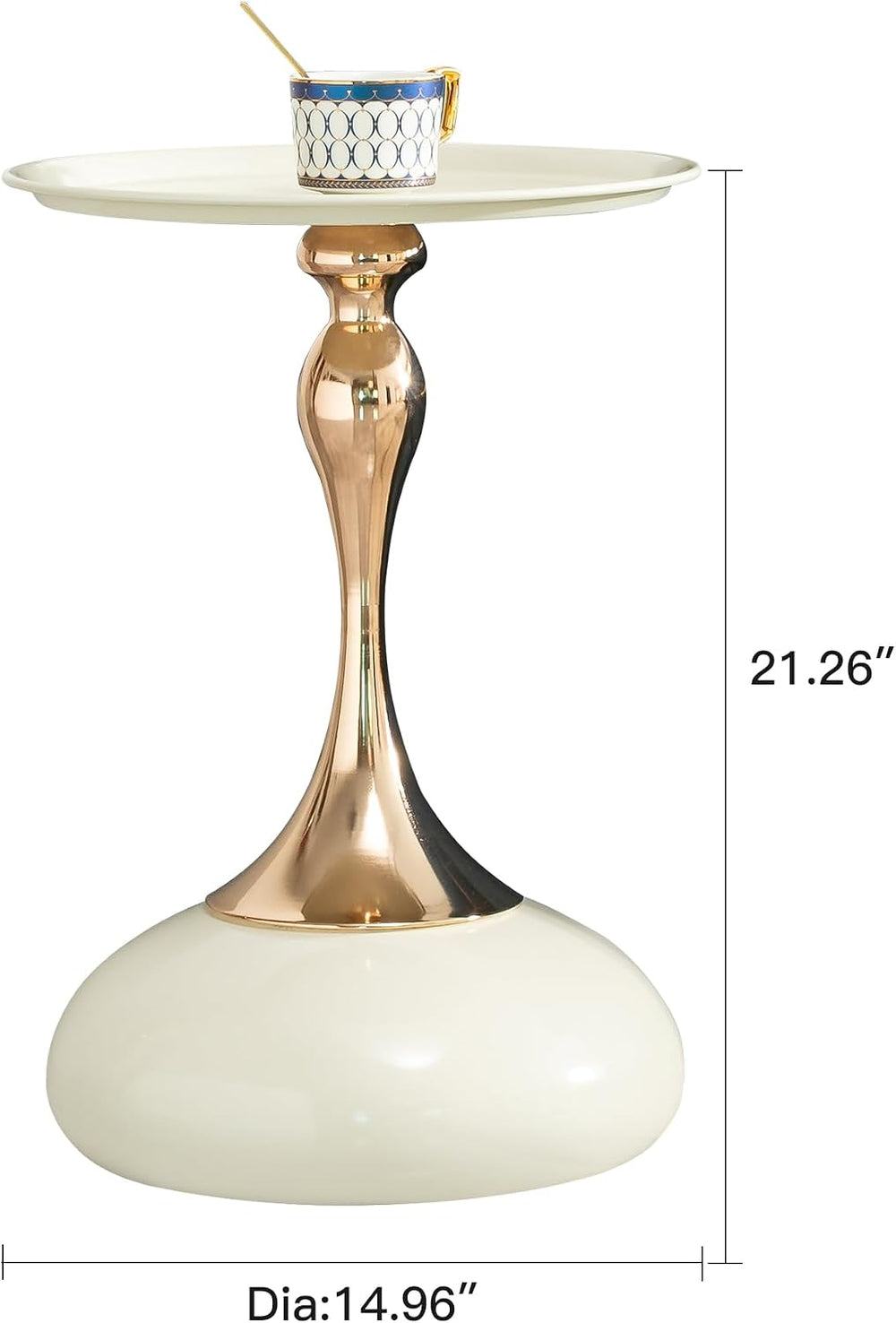 Round Side Table, White and Rose Gold, Cocktail End Table for Living Room, 14...