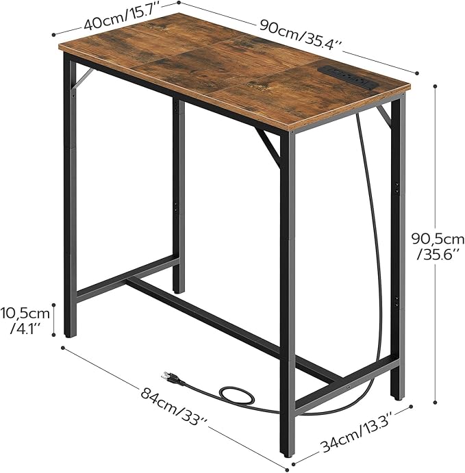 HOOBRO Bar Table with Charging Station, Rectangular Pub Table, High Top Coffee Table, Counter Bar Height Table, Narrow Long Dining Table, 35.4" L x 15.7" W x 35.6" H, Rustic Brown and Black BF90UBT01