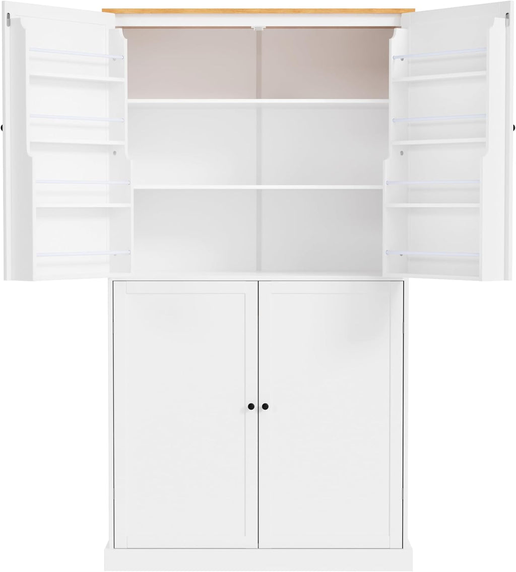 71.3" Tall Kitchen Pantry Storage Cabinet with 4 Doors, 2 Drawers, 2 Adjustable Shelves, 8 Door Shelves, Freestanding Kitchen Hutch Cabinet Cupboard for Kitchen, Dining Room (White)