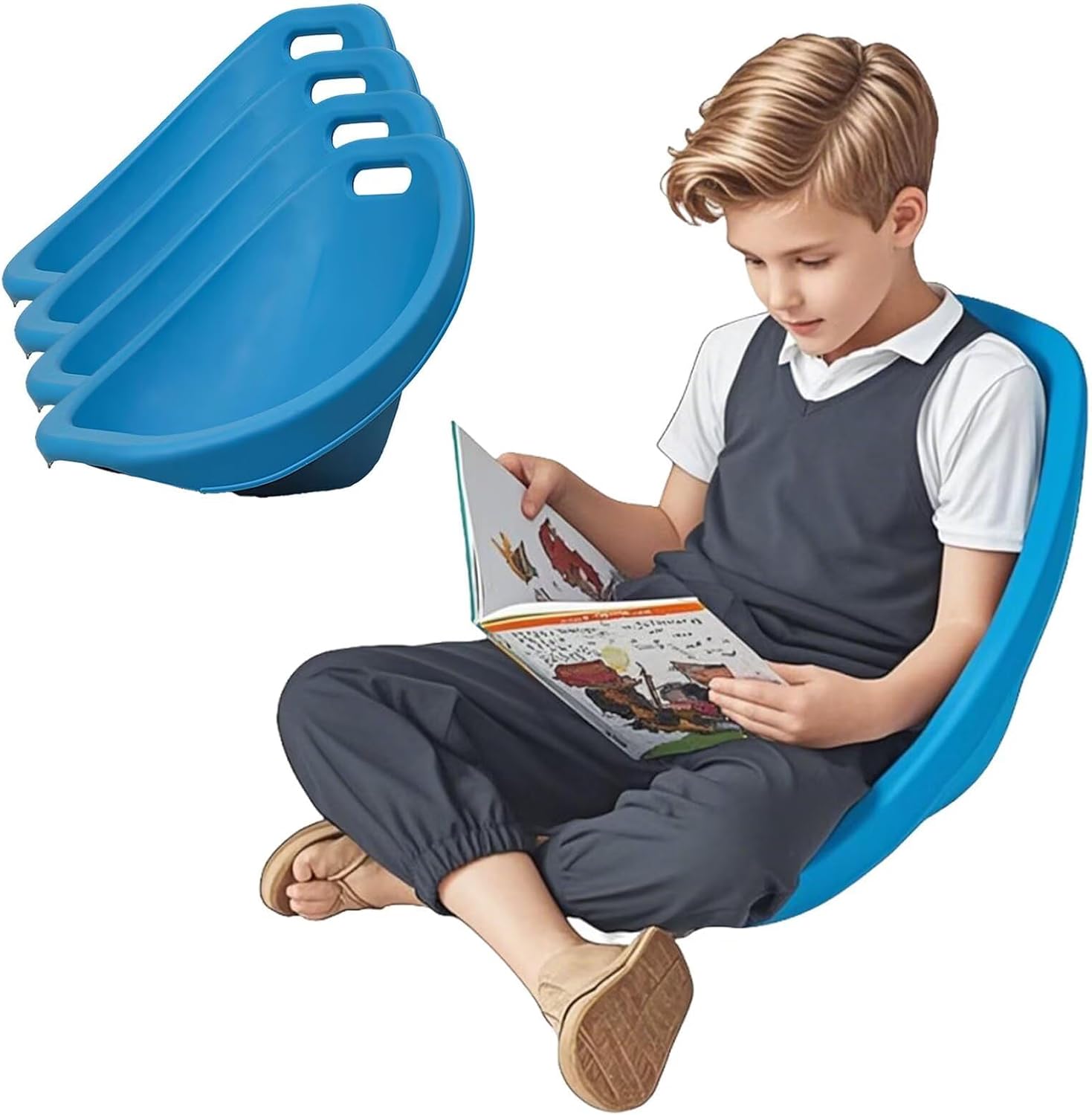 Rocker Chairs for Classroom, Portable Floor Seating with Back Support, Flexible Classroom Seating for Elementary, Plastic Reading Chair, Sensory Wobble Chair, Fun Scoop Egg Chair Indoor, (Blue,4)