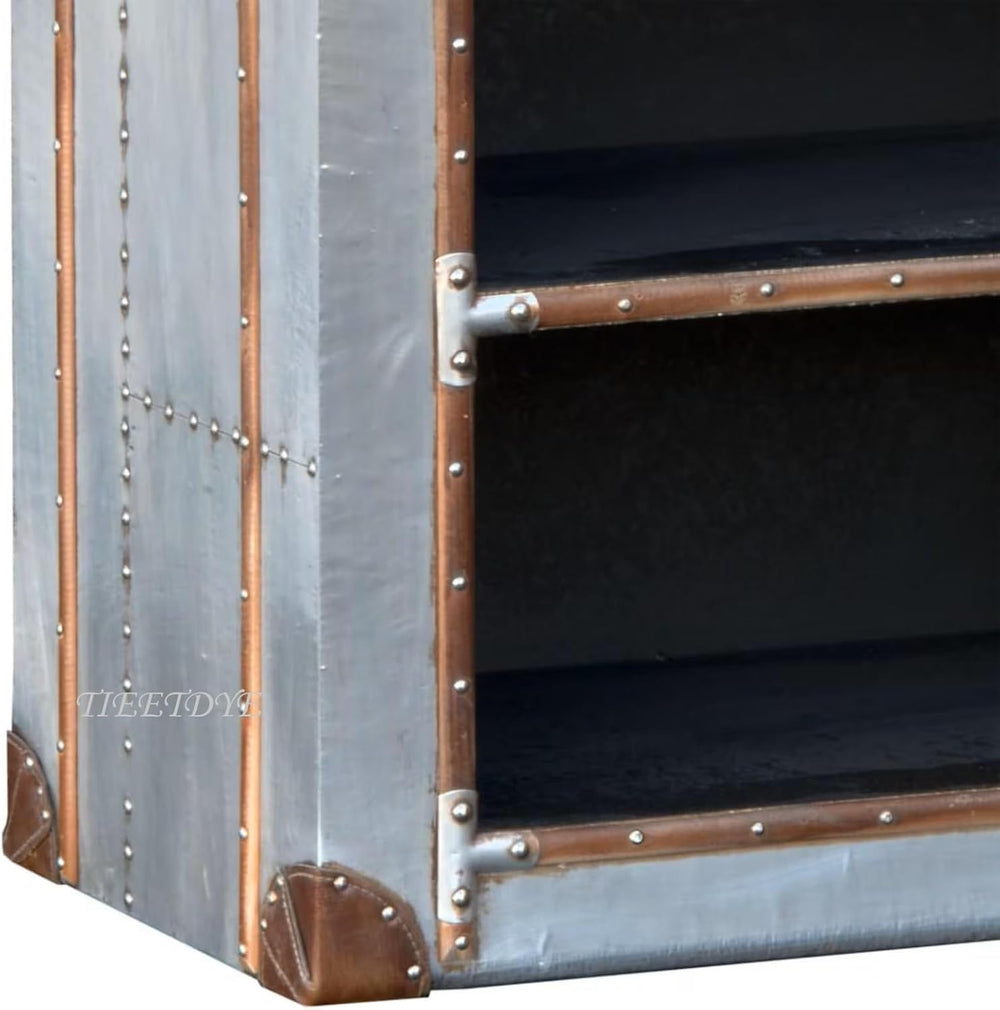 Aviator Side Table & Compact Bookcase with Aluminum Finish and Riveted De...