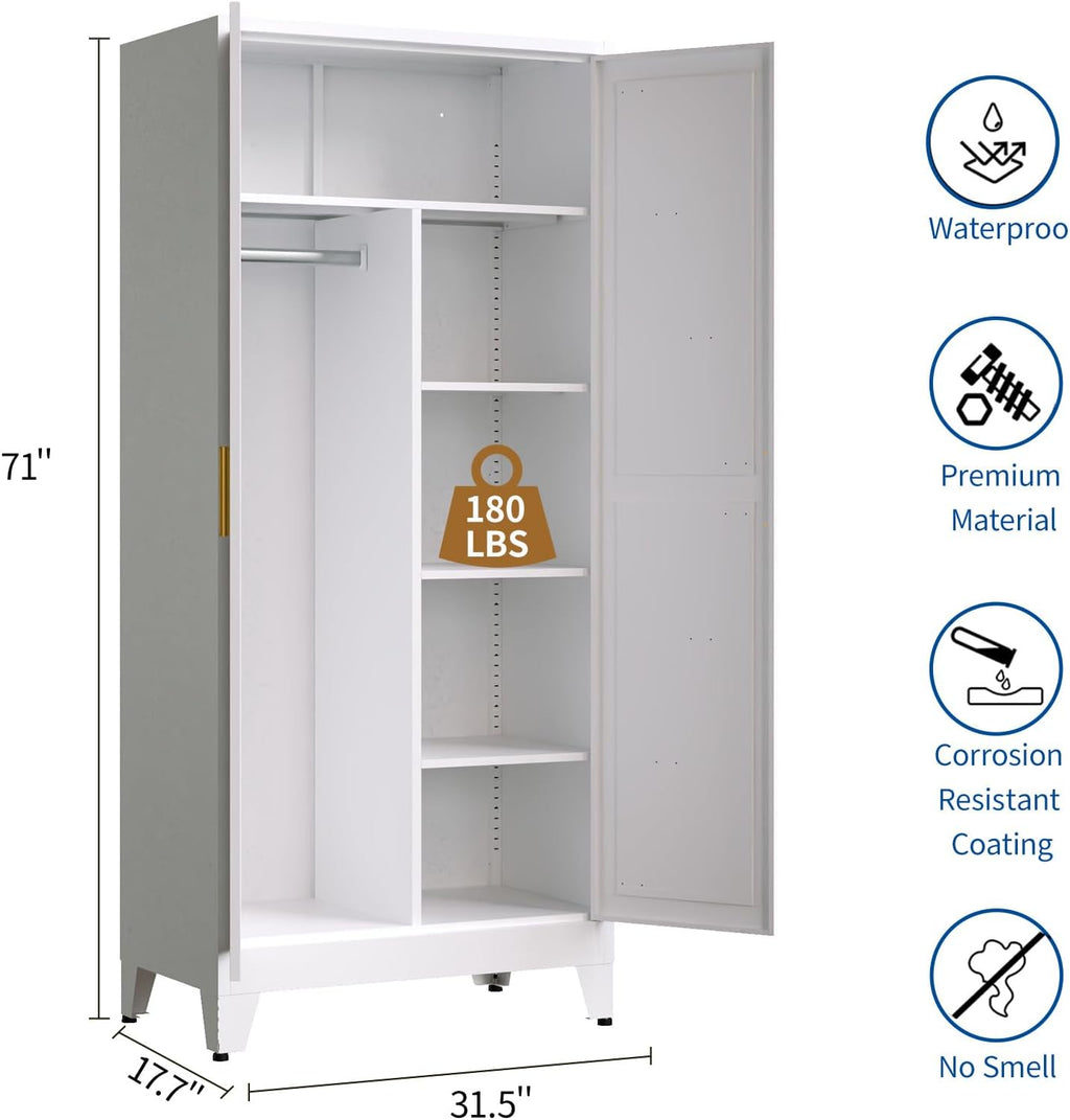 Metal Armoire Wardrobe Closet, 71" Clothing Storage Cabinets with 2 Doors & 3 Adjustable Shelves, White Wardrobe Cabinet with Hanging Rod for Bedroom, Gym