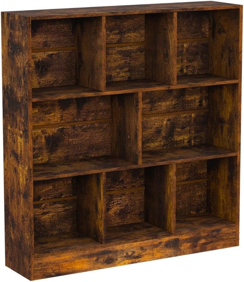 LEYAOYAO 8 Cube Bookshelf with Base,3 Tier Mid-Century Modern Brown Bookcase,...