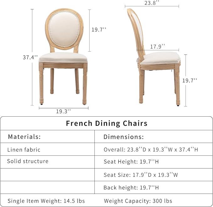 French Country Dining Chairs Set of 2, Cream Kitchen & Dining Room Chairs Set of 2, Ivory Linen Upholstered Dining Chairs, Wood Legs, Sillas De Comedor (Fabric, Beige, 2Pcs)
