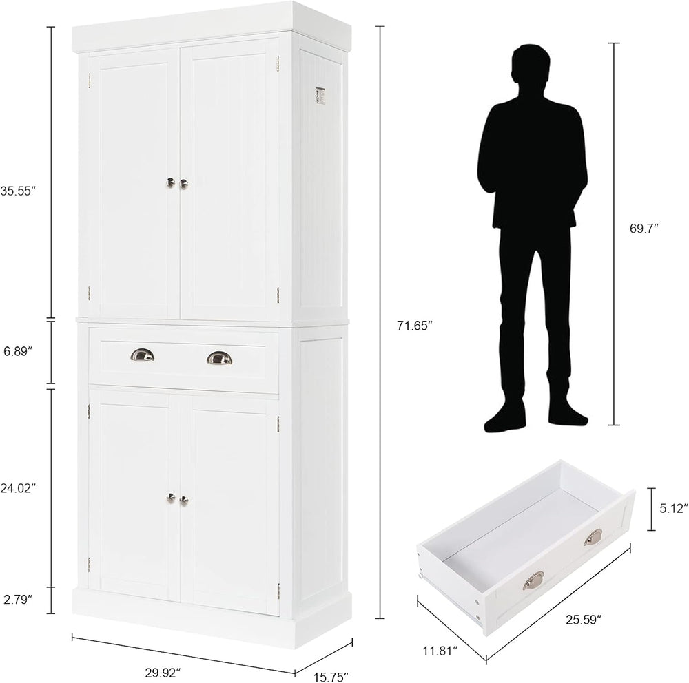 VINGLI 71-Inch White Storage Cabinets with Drawers, Freestanding Pantry Cabin...