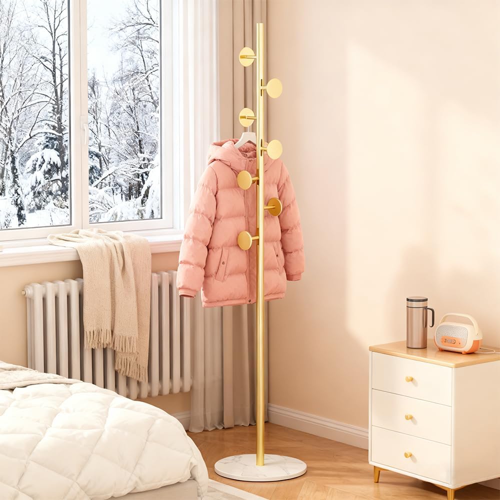 Coat Rack Freestanding with Marble Rock Slab Base, Heavy Duty Sturdy Stable Metal Tree Clothes Racks with 7 Staggered Round Hooks, Coat Hanger for Clothing Hats Bags Purses, for Room Entryway Bedroom