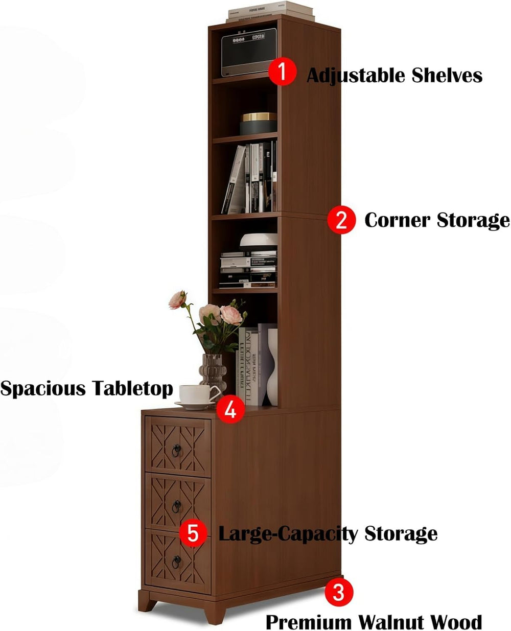 Kavie Wood Narrow Tall End Tables, Nightstand with Open Shelf & 3 Drawers...