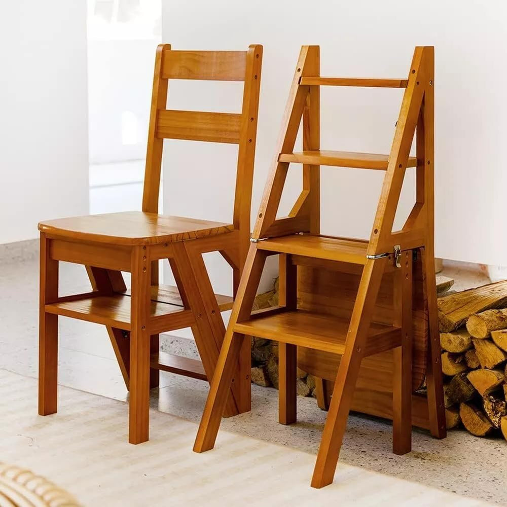 4 Tier Folding Step Ladder, 3-in-1 Wooden Folding Ladder Chair, Portable Mult...