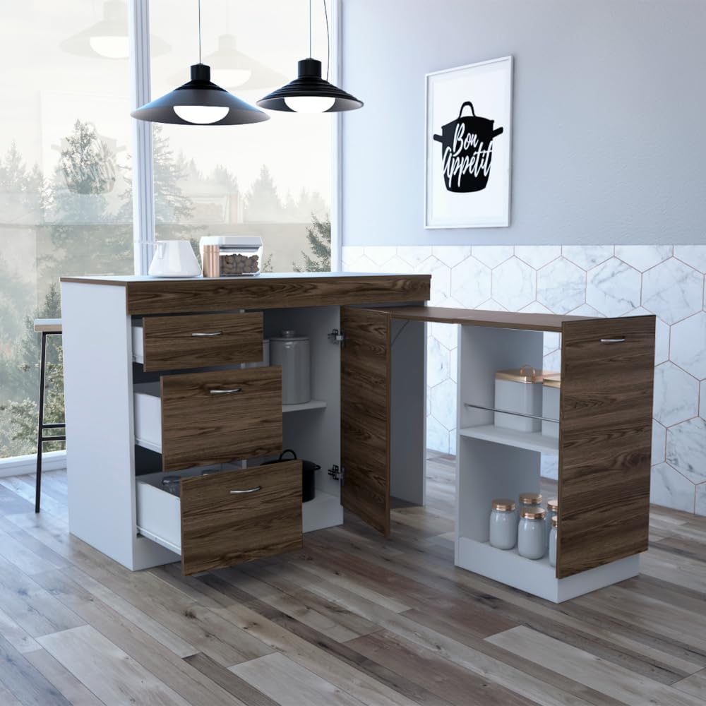 Grecia Kitchen Base Cabinet - 3 Drawers, 2 Shelves, White/Dark Walnut - Expan...
