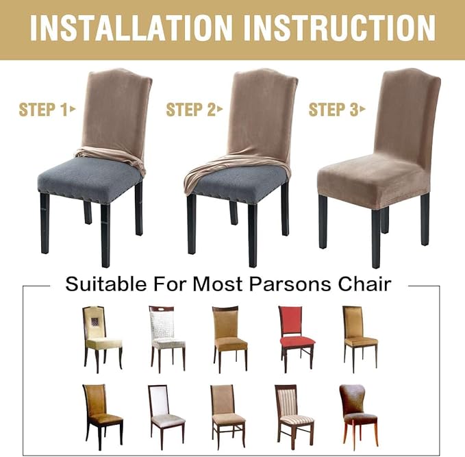 H.VERSAILTEX Velvet Dining Chair Covers Stretch Chair Covers for Dining Room Set of 6 Parson Chair Slipcovers Chair Protectors Covers Dining, Soft Thick Solid Velvet Fabric Washable, Taupe