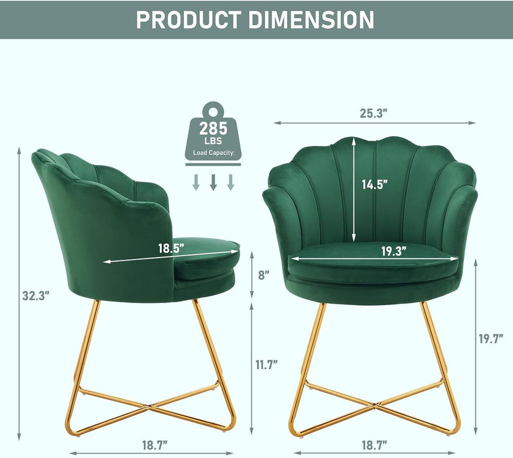 Furnimart Vanity Chair with Back, Shell Accent Chair for Living Room, Criss Cross Chair with Gold Legs, Makeup Chair for Bedroom Desk Chair no Wheels, Velvet Green