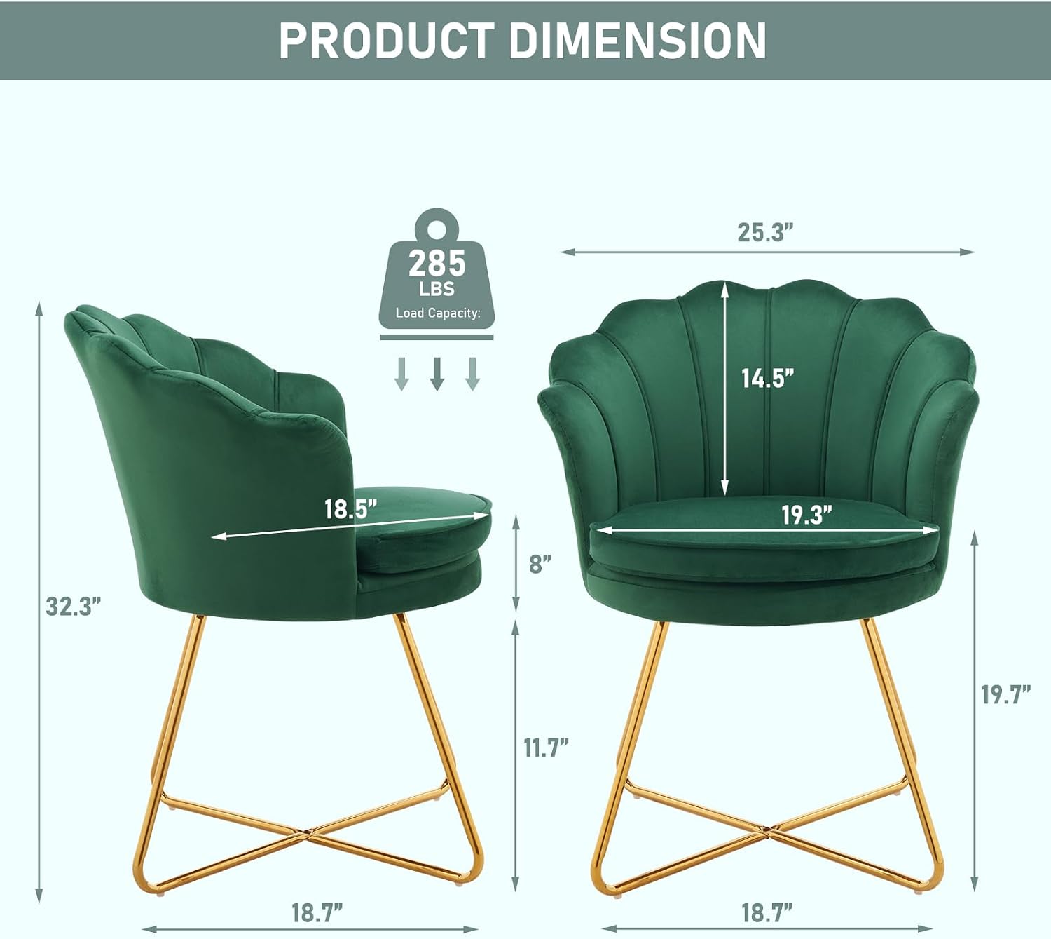 Furnimart Vanity Chair with Back, Shell Accent Chair for Living Room, Criss Cross Chair with Gold Legs, Makeup Chair for Bedroom Desk Chair no Wheels, Velvet Green