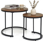 GOFLAME Nesting Coffee Tables Set of 2, Stacking Round Center Table with Wooden Tabletop & Powder Coated Steel Frame, Living Room Coffee End Table Set for Apartment, Bedroom (Brown & Black)